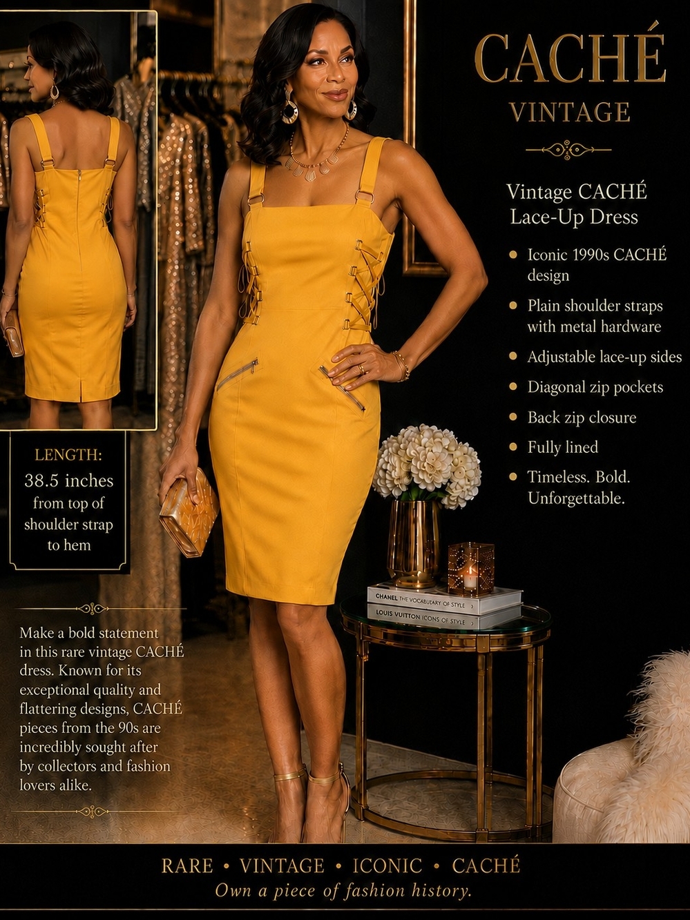 ✨ RARE Vintage Caché Yellow Lace-Up Bodycon Dress NWT Size 8 Y2K Cocktail ✨